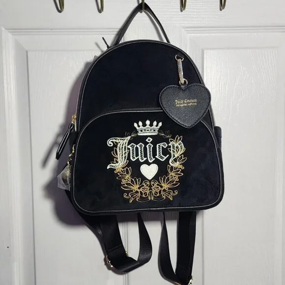 Juicy Couture Black Liquorice Velour Heritage Backpack Bag‎ With Heart Charm Juicy Couture | Bags | Juicy Couture Black Liquorice Velour  main image 4